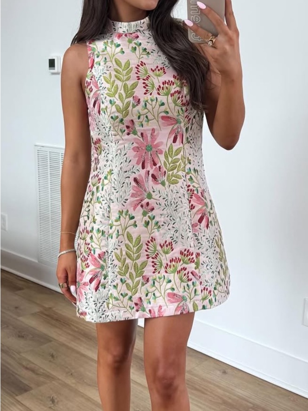 Floral A-Line Mock Neck Dress in Pink and Green